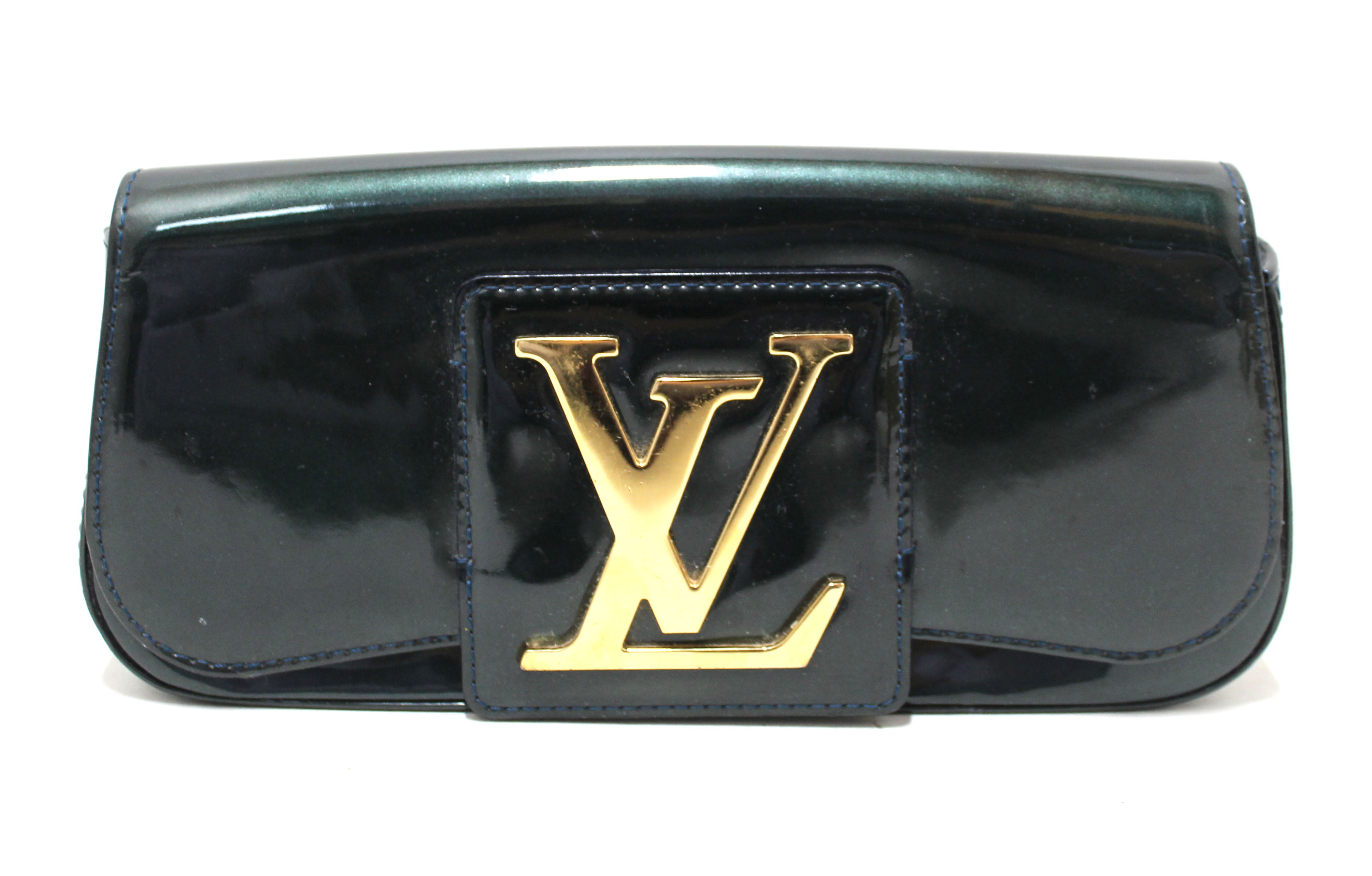 Authentic Louis Vuitton Green Patent Leather Sobe Clutch
