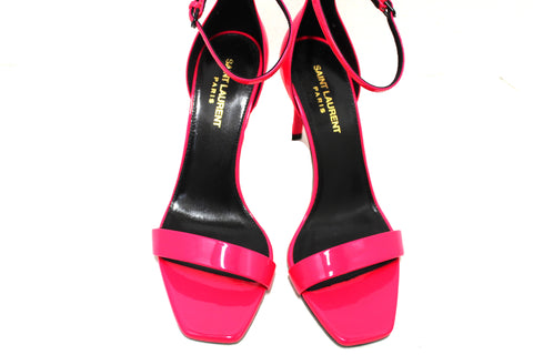 Authentic Saint Laurent Amber Ankle -Strap Pink Neon Patent Leather Sandal Size 38