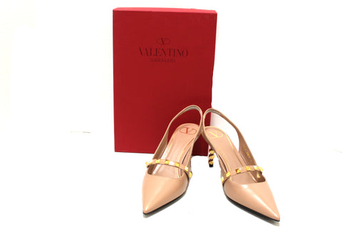 Authentic Valentino Garavani Rockstud Slingback Pump Beige Smooth Leather with Sculpted Heel