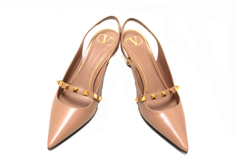 Authentic Valentino Garavani Rockstud Slingback Pump Beige Smooth Leather with Sculpted Heel