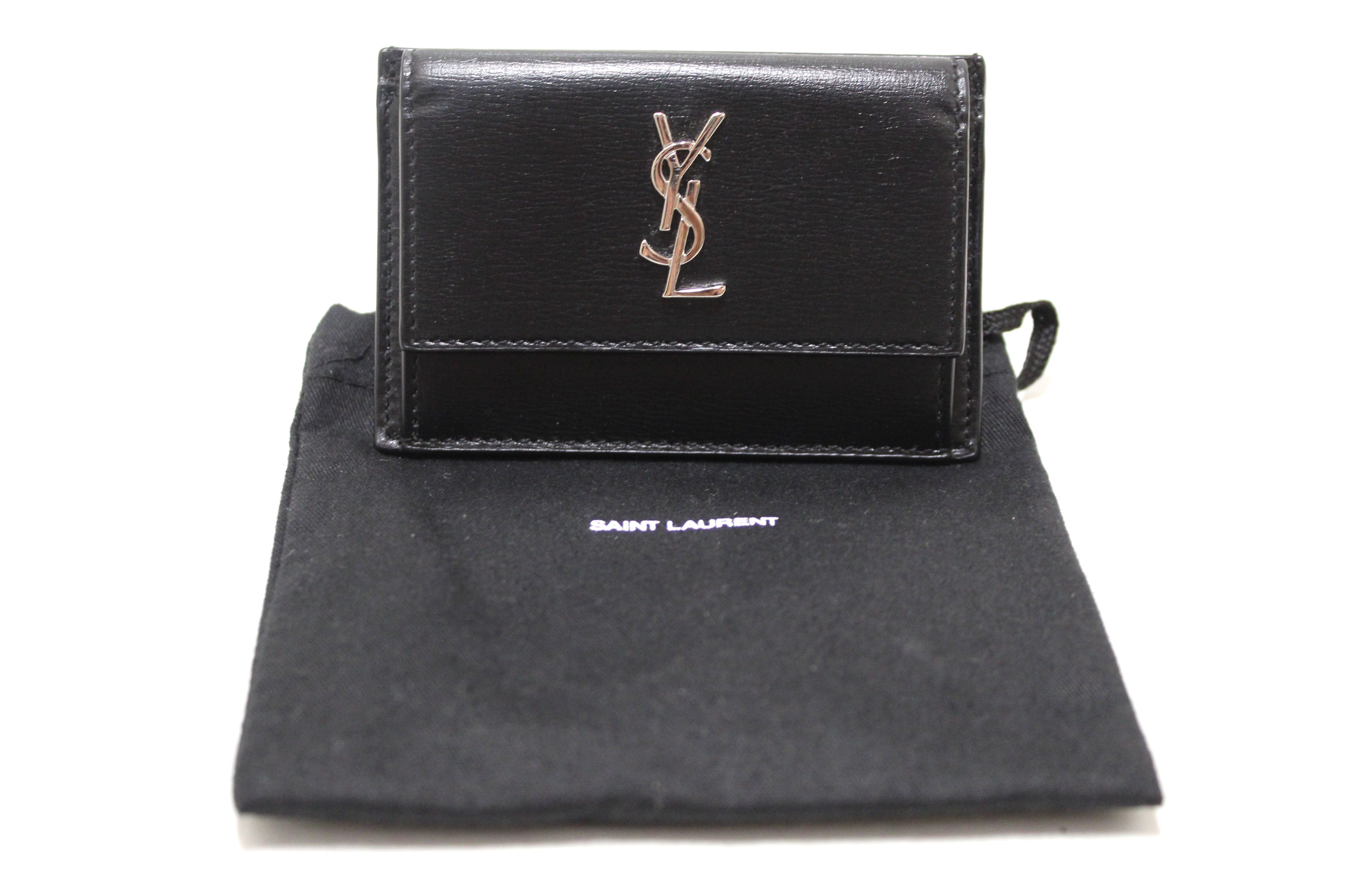 Authentic Saint Laurent Black Smooth Shiny Calfskin Leather Uptown Card Case
