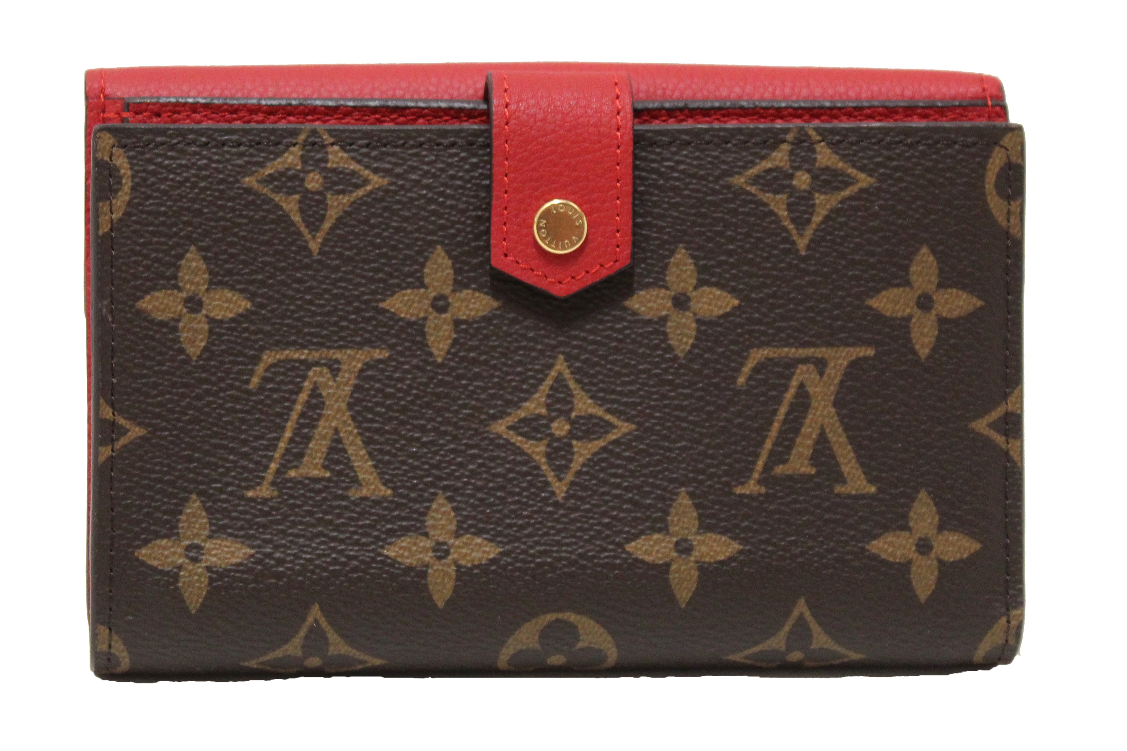 Authentic Louis Vuitton Classic Monogram and Red Calfskin Leather Pallas Compact Wallet