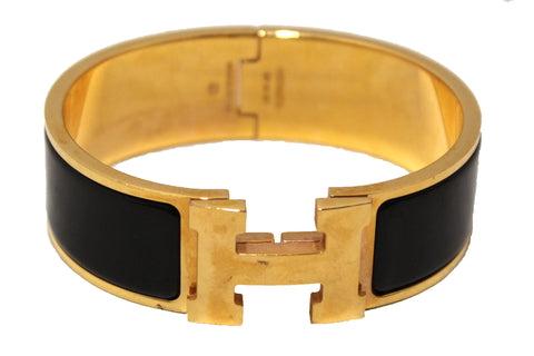 Authentic Hermes Black Enamel with Gold Plated Wide Clic Clac H GM Bangle