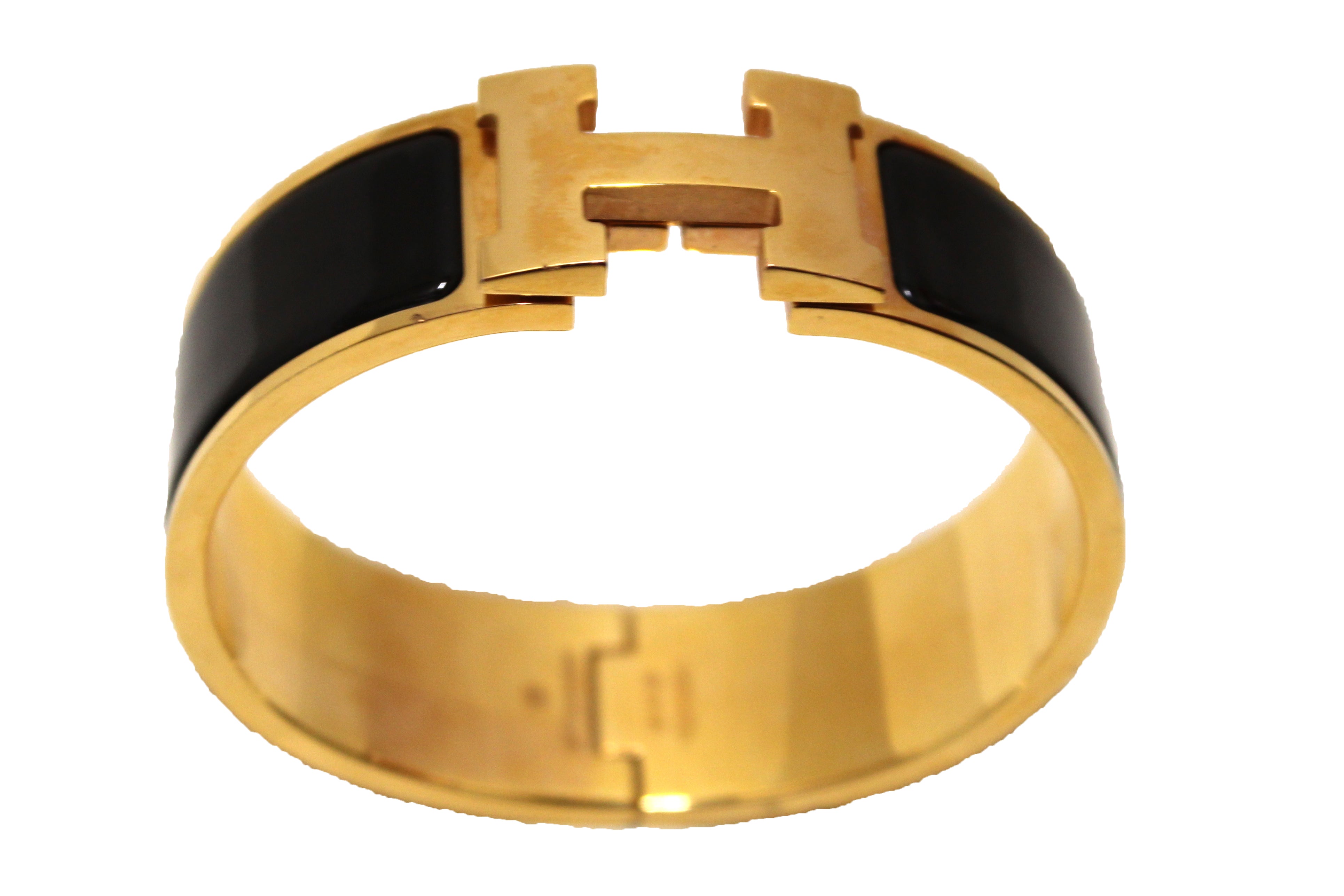 Authentic Hermes Black Enamel with Gold Plated Wide Clic Clac H GM Bangle