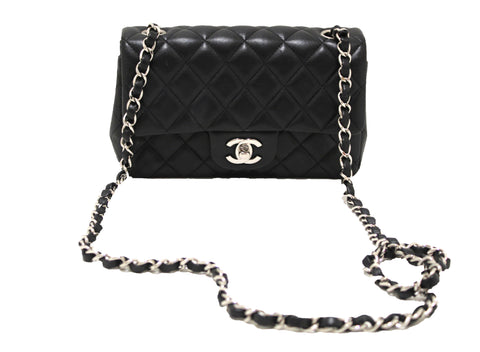 Authentic Chanel Black Quilted Lambskin Leather Classic Mini Rectangle Flap  Crossbody Bag