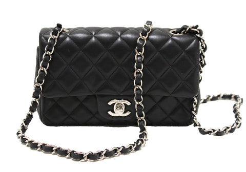 Authentic Chanel Black Quilted Lambskin Leather Classic Mini Rectangle Flap  Crossbody Bag