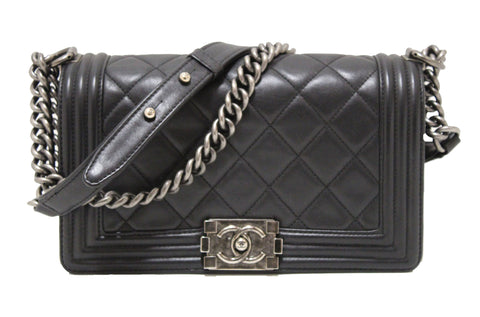 Authentic Chanel Black Quilted Calfskin Old Medium Boy Shoulder Bag