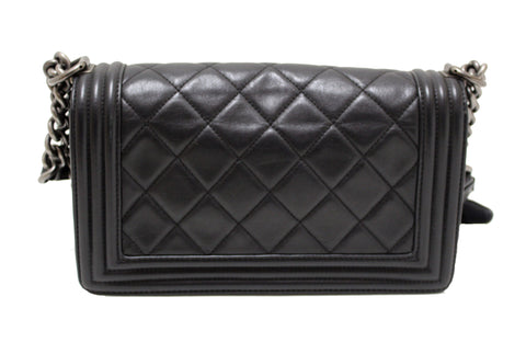 Authentic Chanel Black Quilted Calfskin Old Medium Boy Shoulder Bag