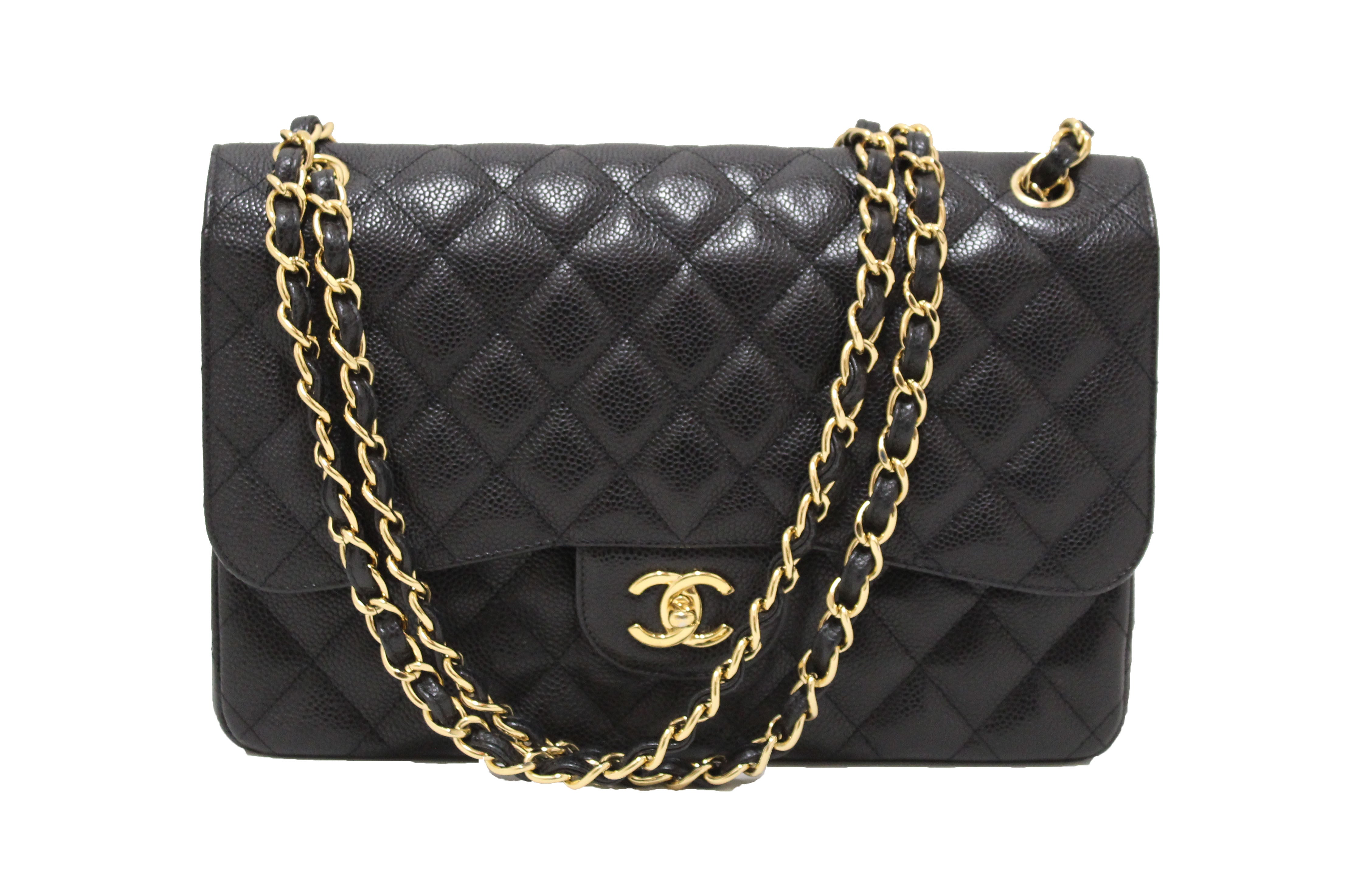 Authentic Chanel Black Quilted Caviar Leather Classic Jumbo Double Flap Bag