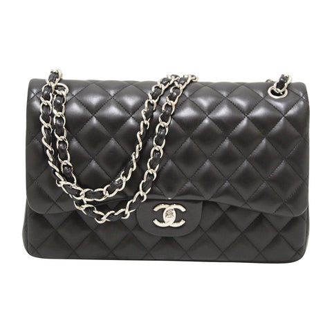 Authentic Chanel Black Quilted Lamskin Leather Classic Jumbo Double Flap Bag