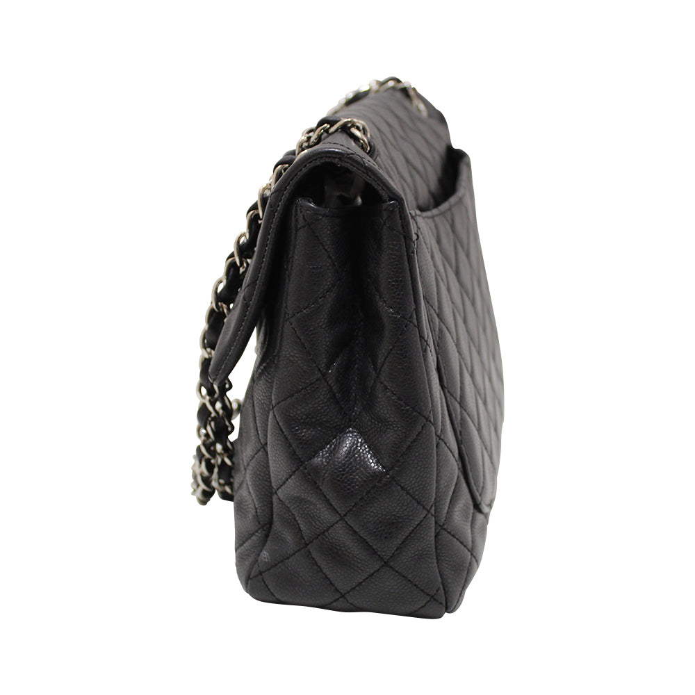 Authentic Chanel Black Quilted Washed Caviar Leather Classic Maxi Single Flap Shoulder Bag