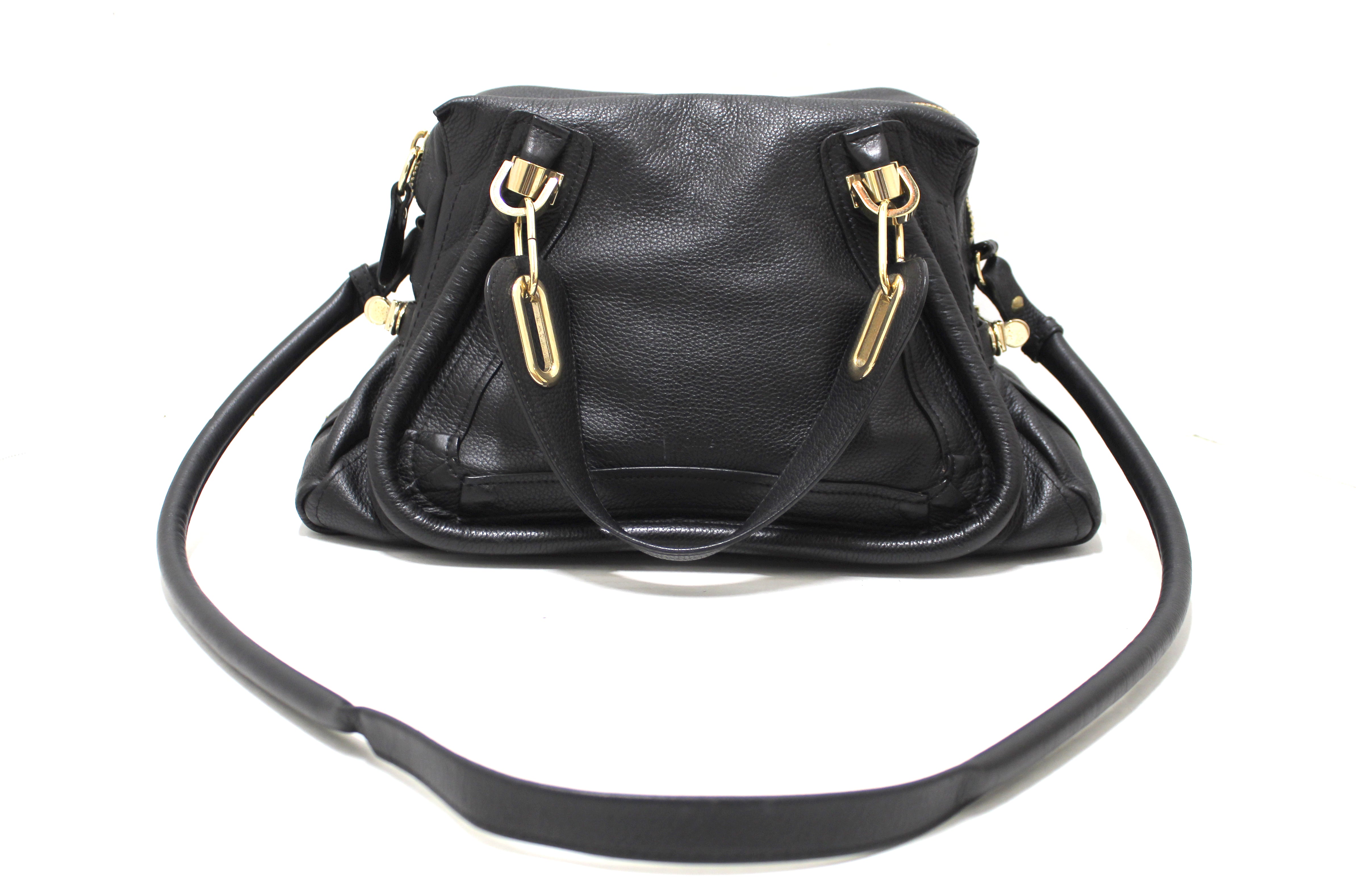 Authentic Chloe Paraty Black Calfskin Leather Medium Shoulder Bag