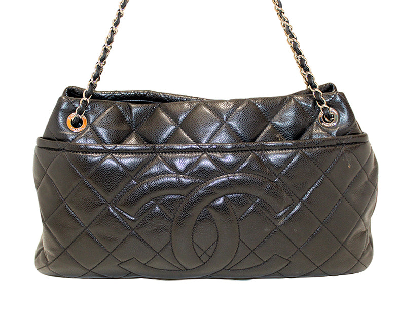 Authentic Chanel Black Quilted Caviar Leather Timeless CC Soft Shopper Tote