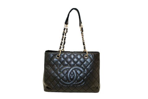 Authentic Chanel Black Quilted Caviar Leather Grand Shopper Tote Shoulder Bag