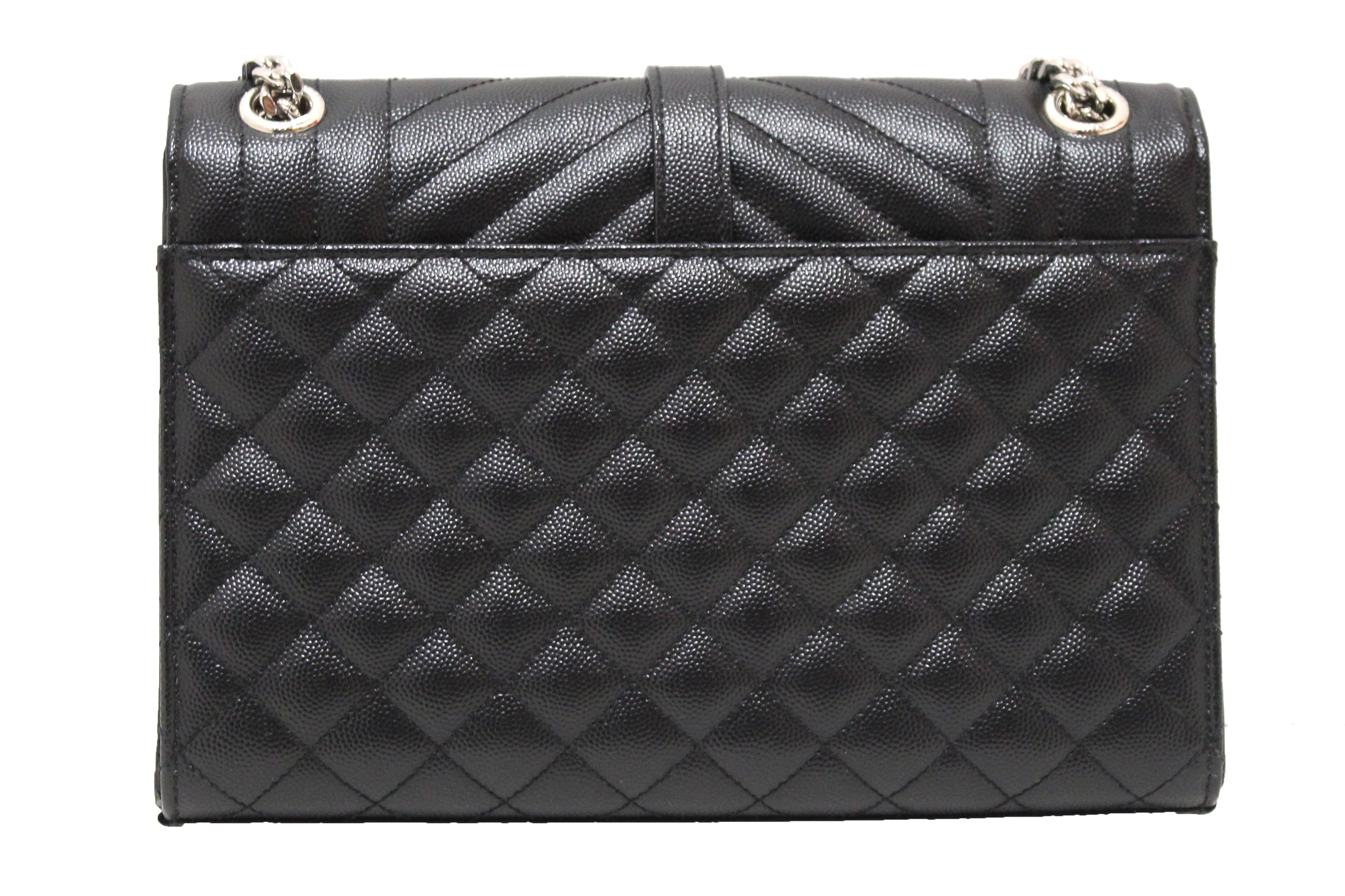 Authentic Saint Laurent Black Matelasse Grain De Poudre Embossed Leather Medium Envelope Bag