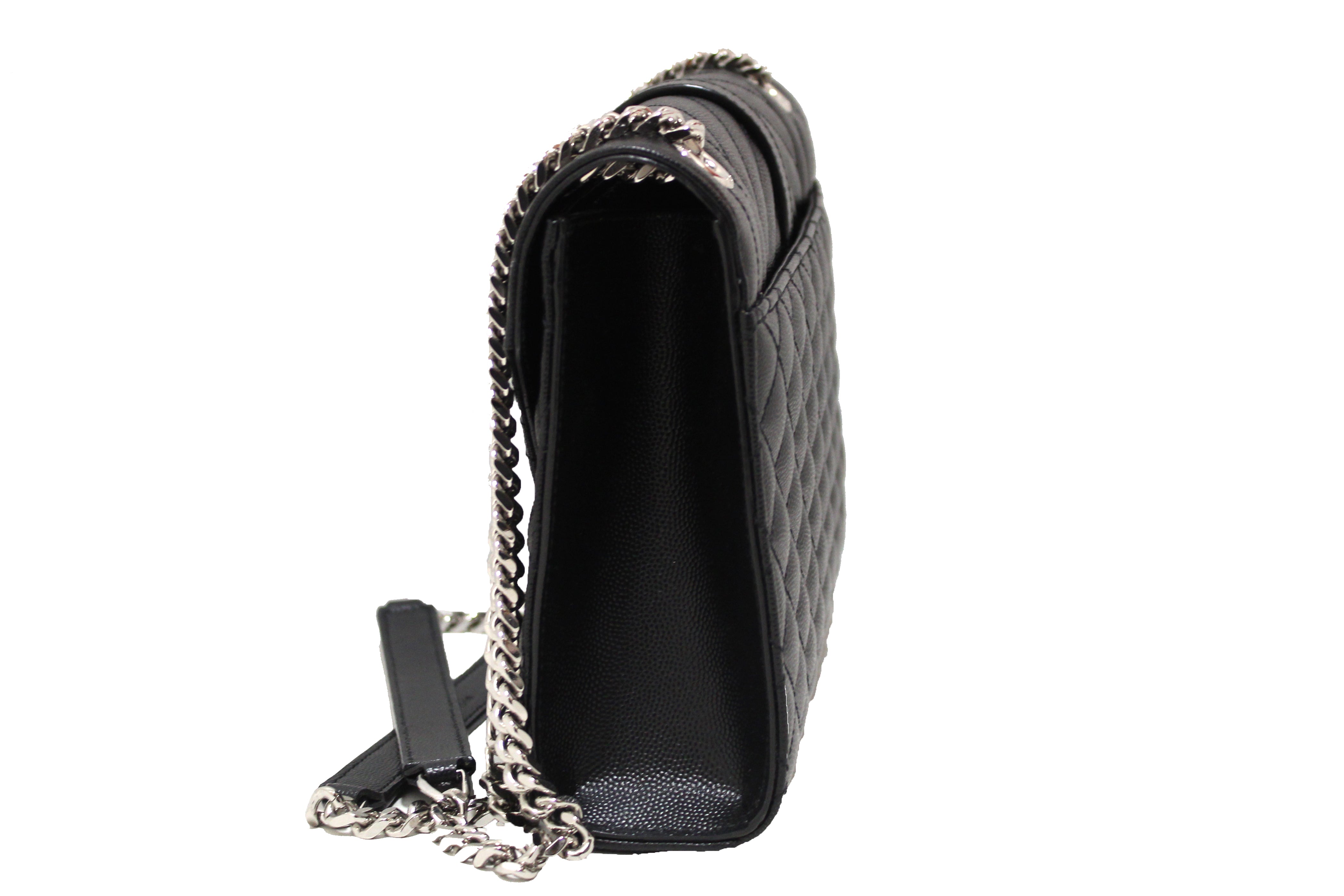 Authentic Saint Laurent Black Matelasse Grain De Poudre Embossed Leather Medium Envelope Bag