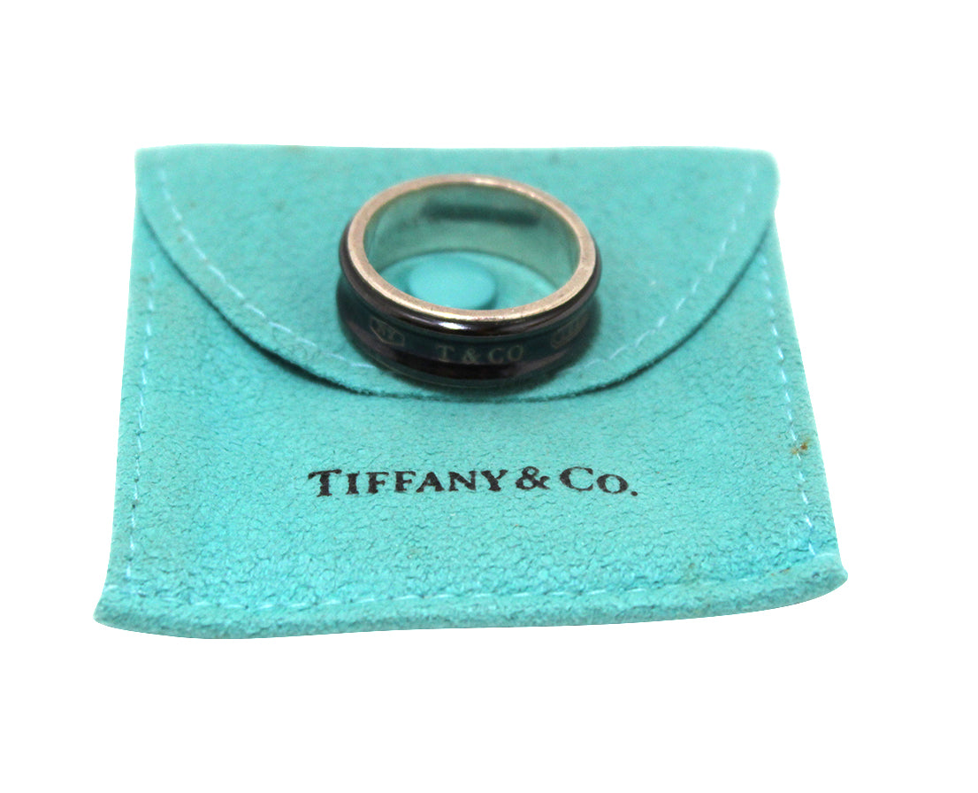 Authentic Tiffany & Co. Sterling Silver and Midnight Titanium 1837 Medium Ring Size 10