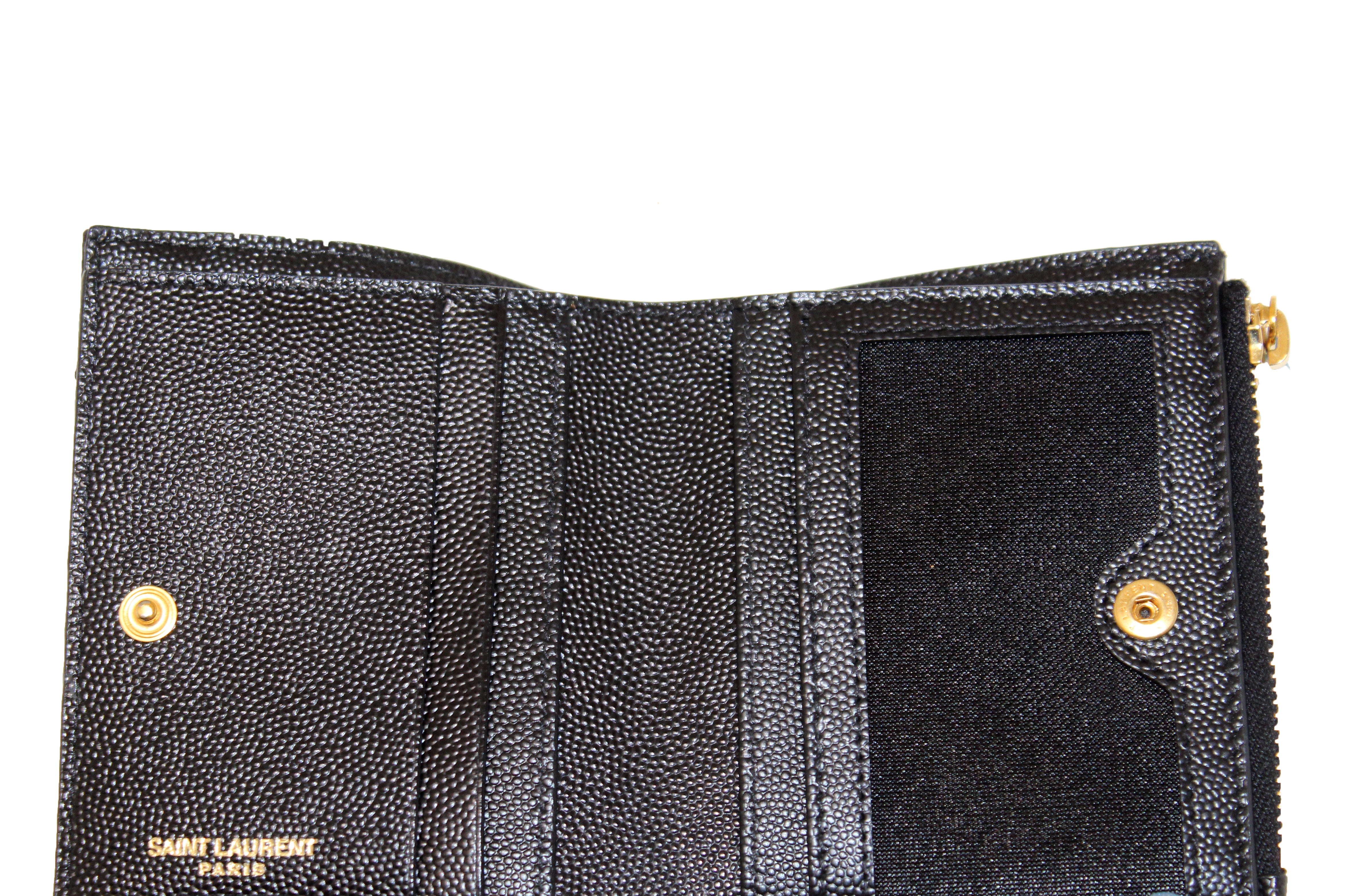 Authentic Saint Laurent Black Matelasse Grain De Poudre Embossed Leather Bi-Fold Wallet