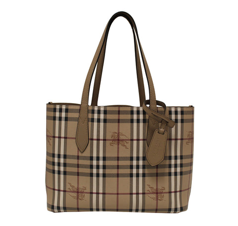 Authentic Burberry Beige Grainy Calfskin Haymarket Check Medium Reversible Tote