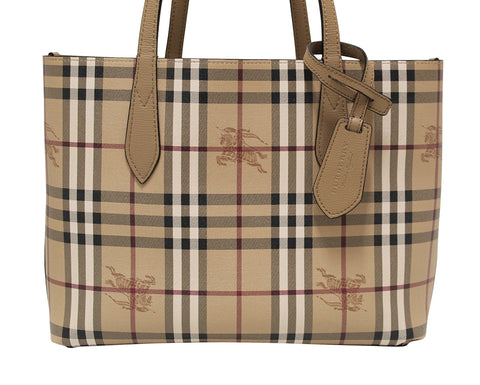 Authentic Burberry Beige Grainy Calfskin Haymarket Check Medium Reversible Tote