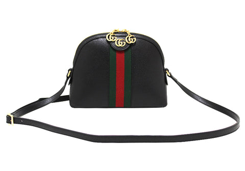 Authentic Gucci Black Calfskin Leather Web GG Small Ophidia Dome Shoulder Bag