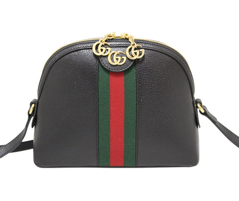 Authentic Gucci Black Calfskin Leather Web GG Small Ophidia Dome Shoulder Bag