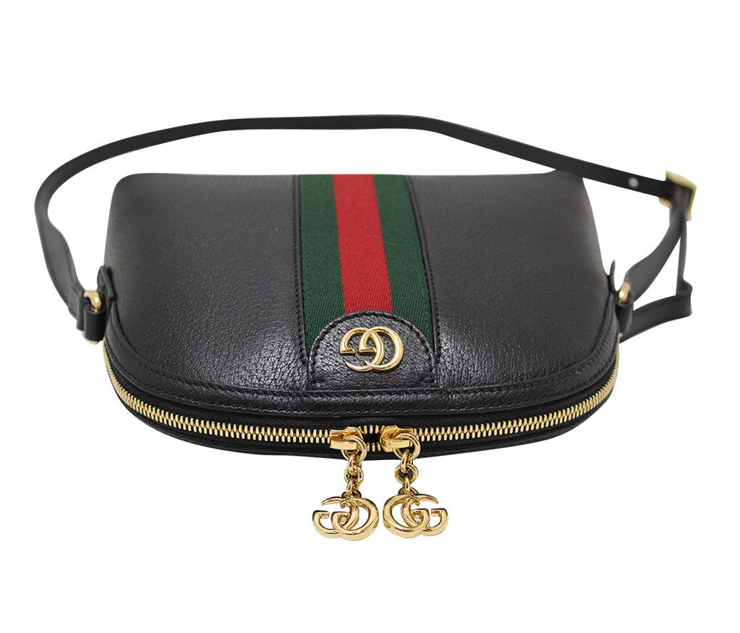 Authentic Gucci Black Calfskin Leather Web GG Small Ophidia Dome Shoulder Bag