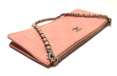 Authentic Chanel Pink Lambskin Leather Lucky Precious Symbols Pochette Wristlet Clutch Bag