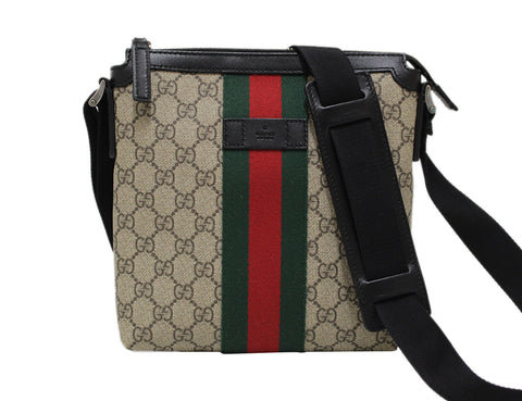 Authentic Gucci GG Canvas with Black Leather Messenger Bag