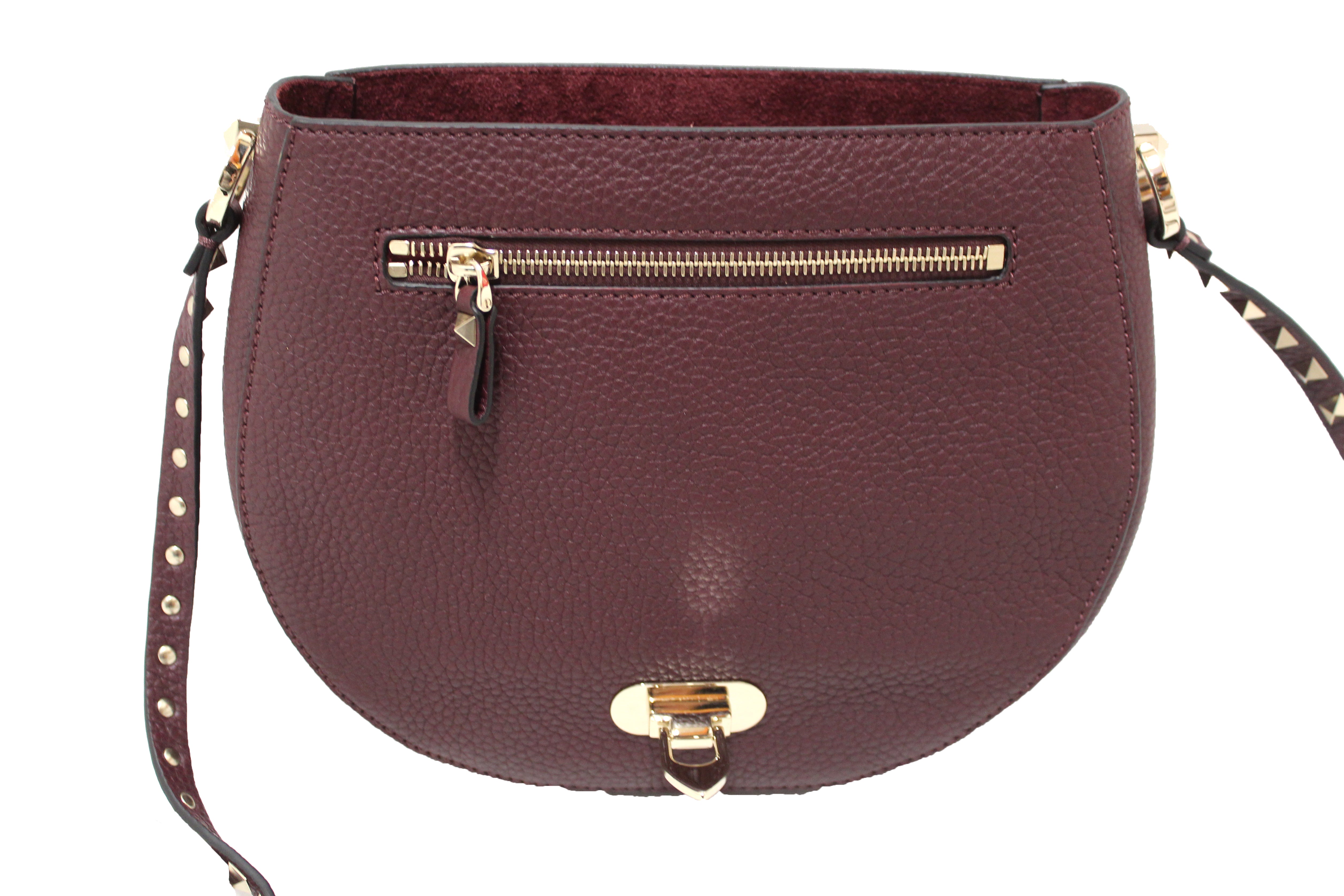 Authentic NEW Valentino Garavani Burgundy Pebbled Calfskin Rockstud Haftmoon Saddle Bag