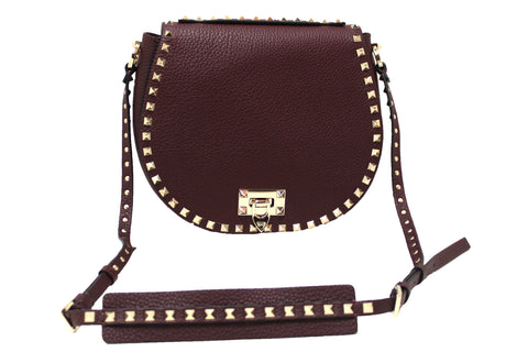 Authentic NEW Valentino Garavani Burgundy Pebbled Calfskin Rockstud Haftmoon Saddle Bag