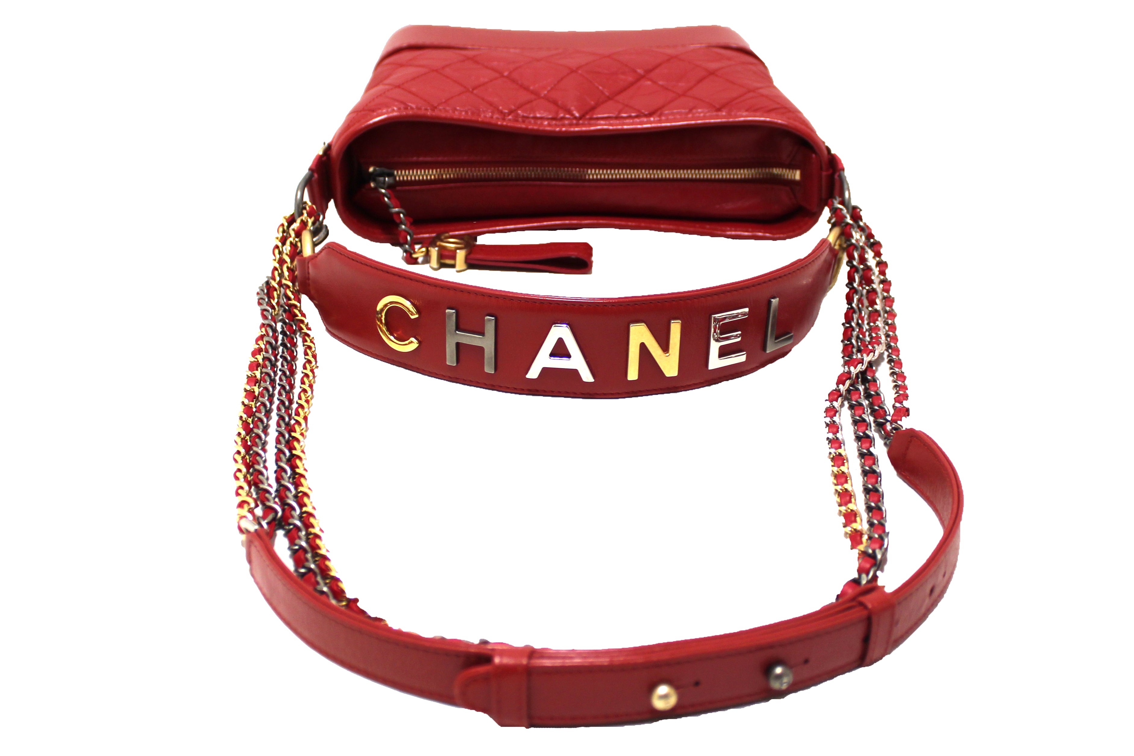 Chanel Gabrielle Chevron Aged Calfskin Leather Backpack Bag Red
