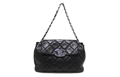 Authentic Chanel Black Calfskin Double Stitch Large Hamptons Flap Bag Black