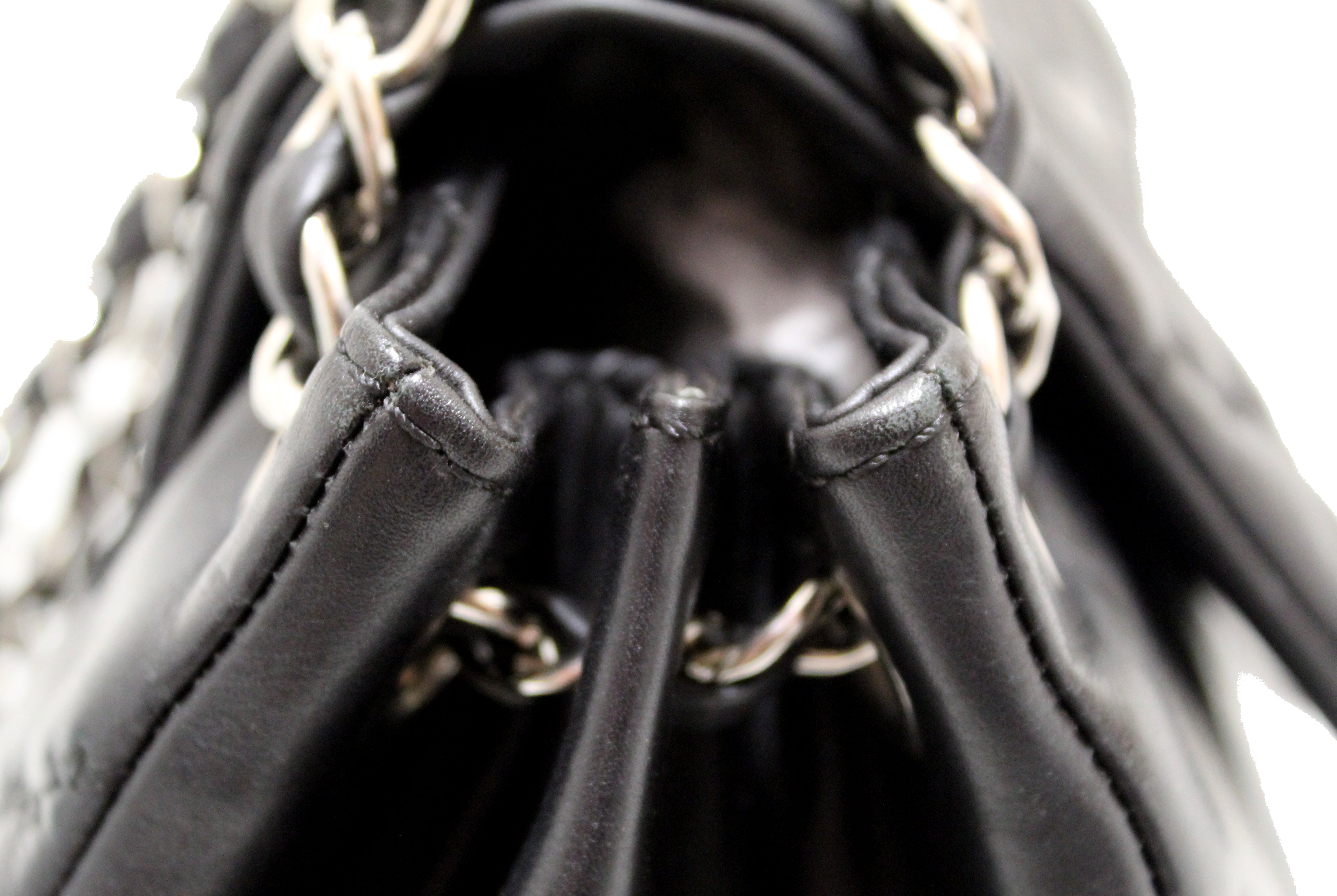 Authentic Chanel Black Calfskin Double Stitch Large Hamptons Flap Bag Black