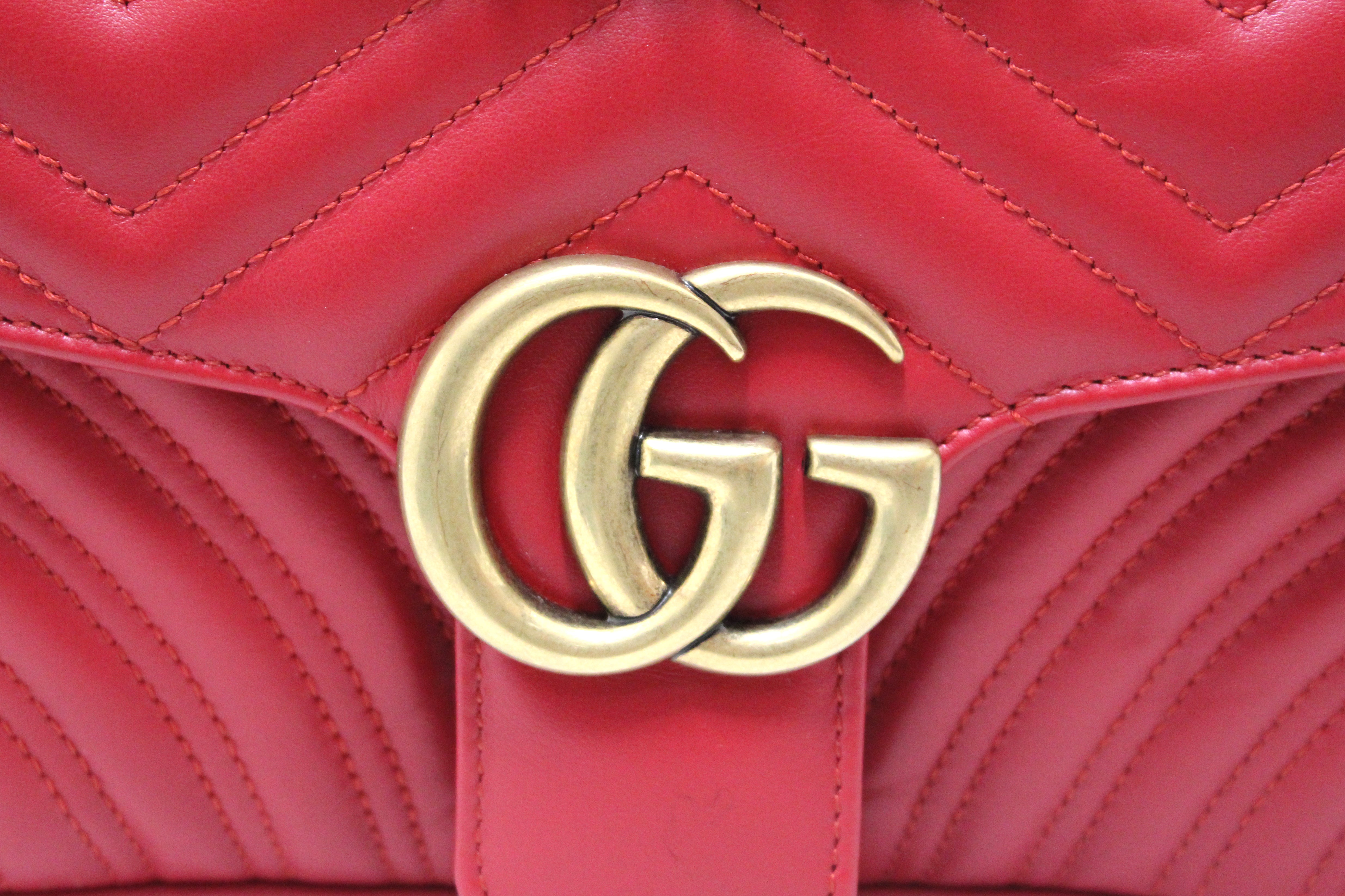 Authentic Gucci GG Red Marmont Small Matelassé Leather Shoulder Bag
