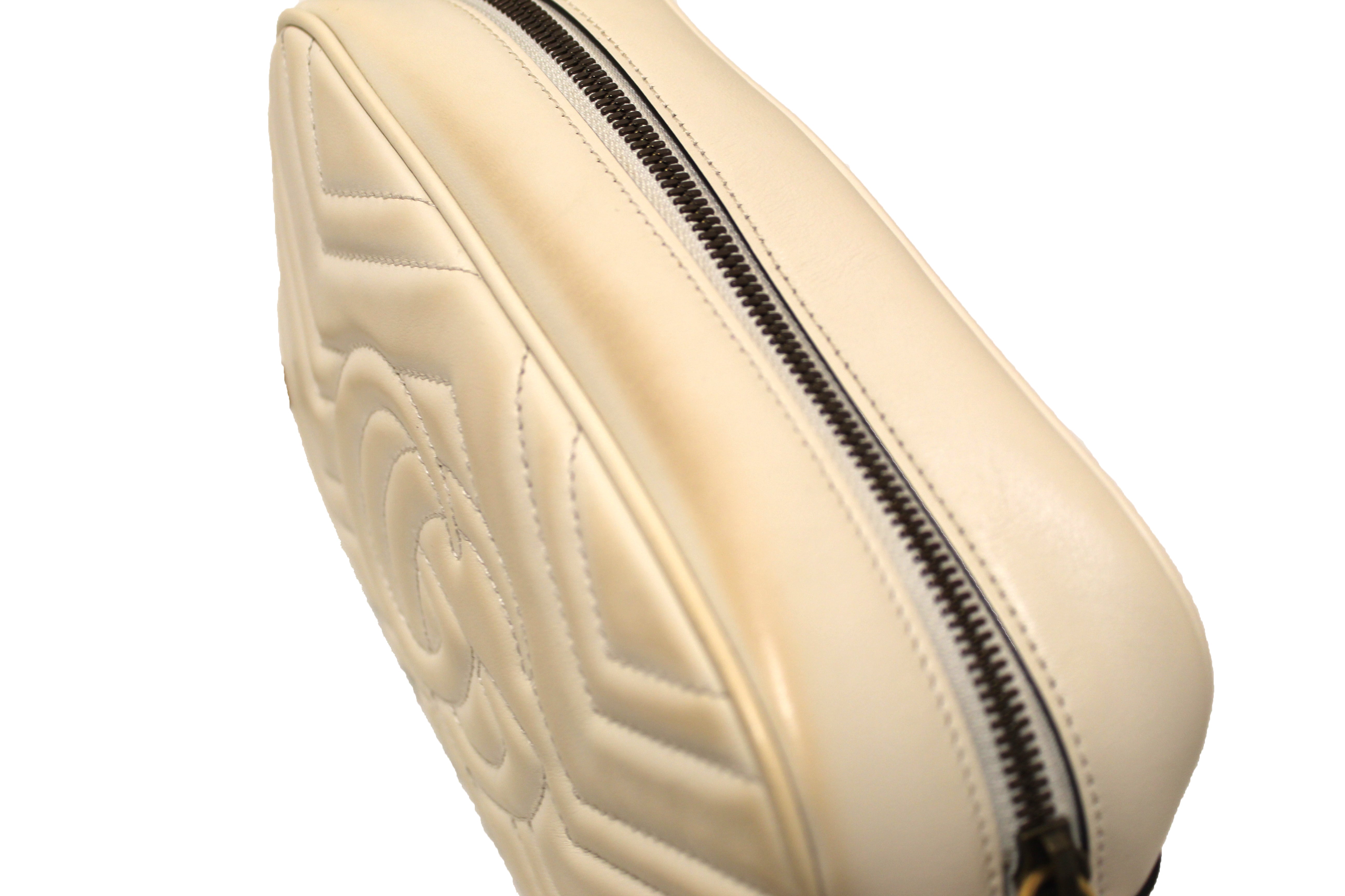 Authentic Gucci White Marmont Matelassé Chevron Leather Small Shoulder Bag