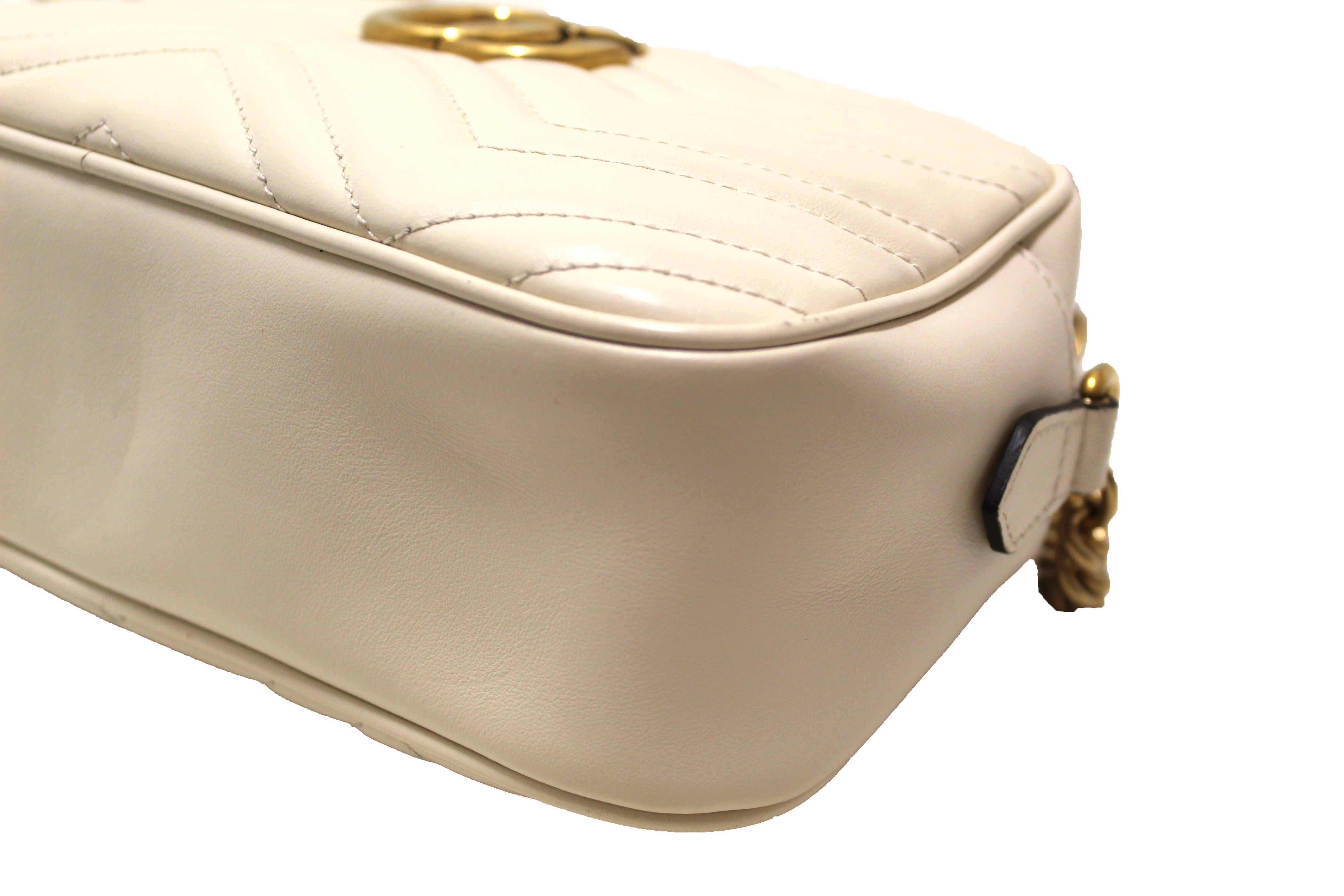 Authentic Gucci White Marmont Matelassé Chevron Leather Small Shoulder Bag