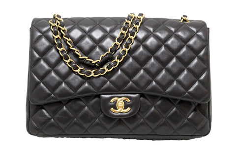 Authentic Chanel Black Classic Quilted Lambskin Leather Single Flap Maxi Shoulder Bag