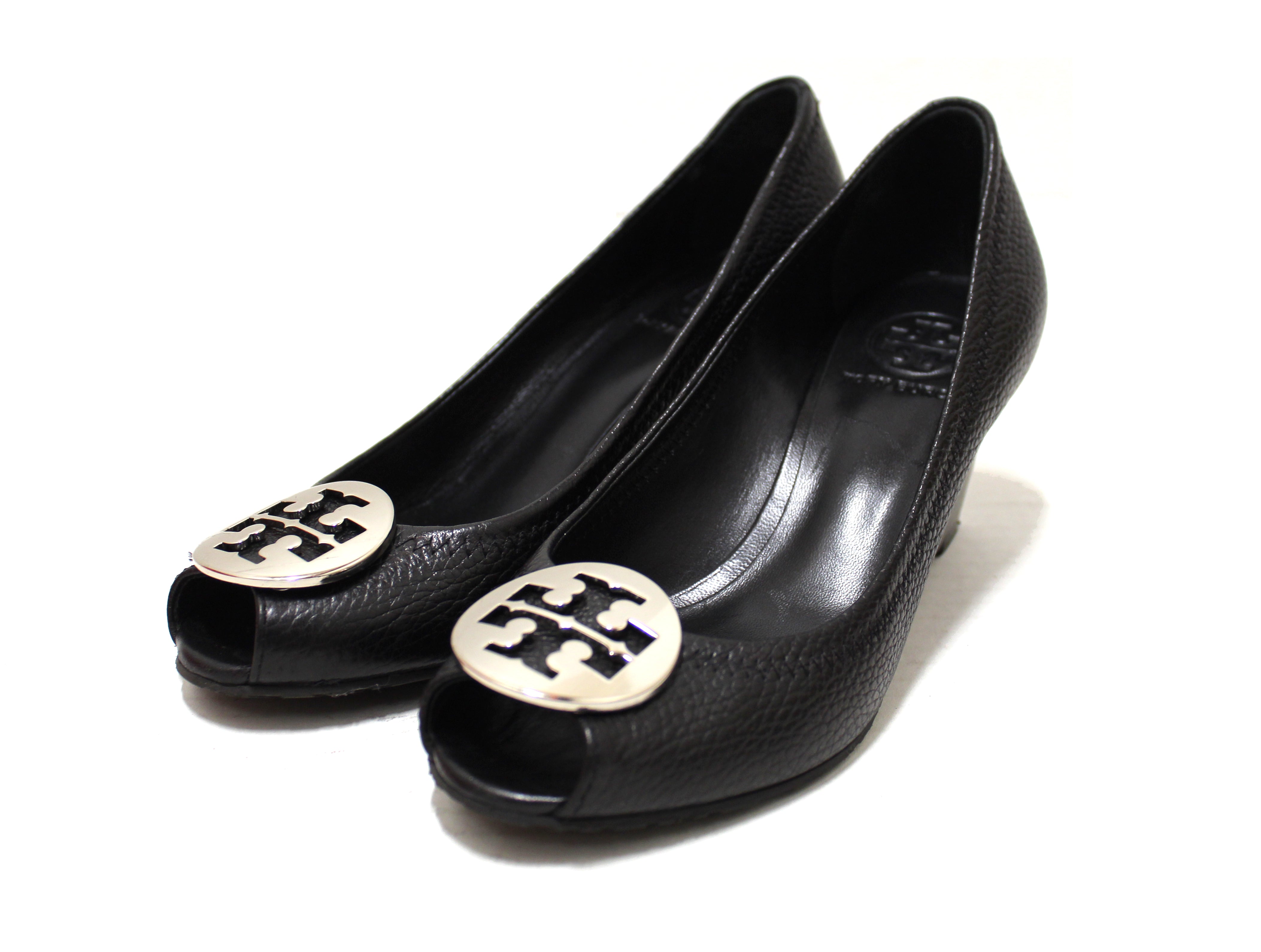 Authentic Tory Burch Sally 2 Black Leather Peep Toe Wedge Heel size 7.5