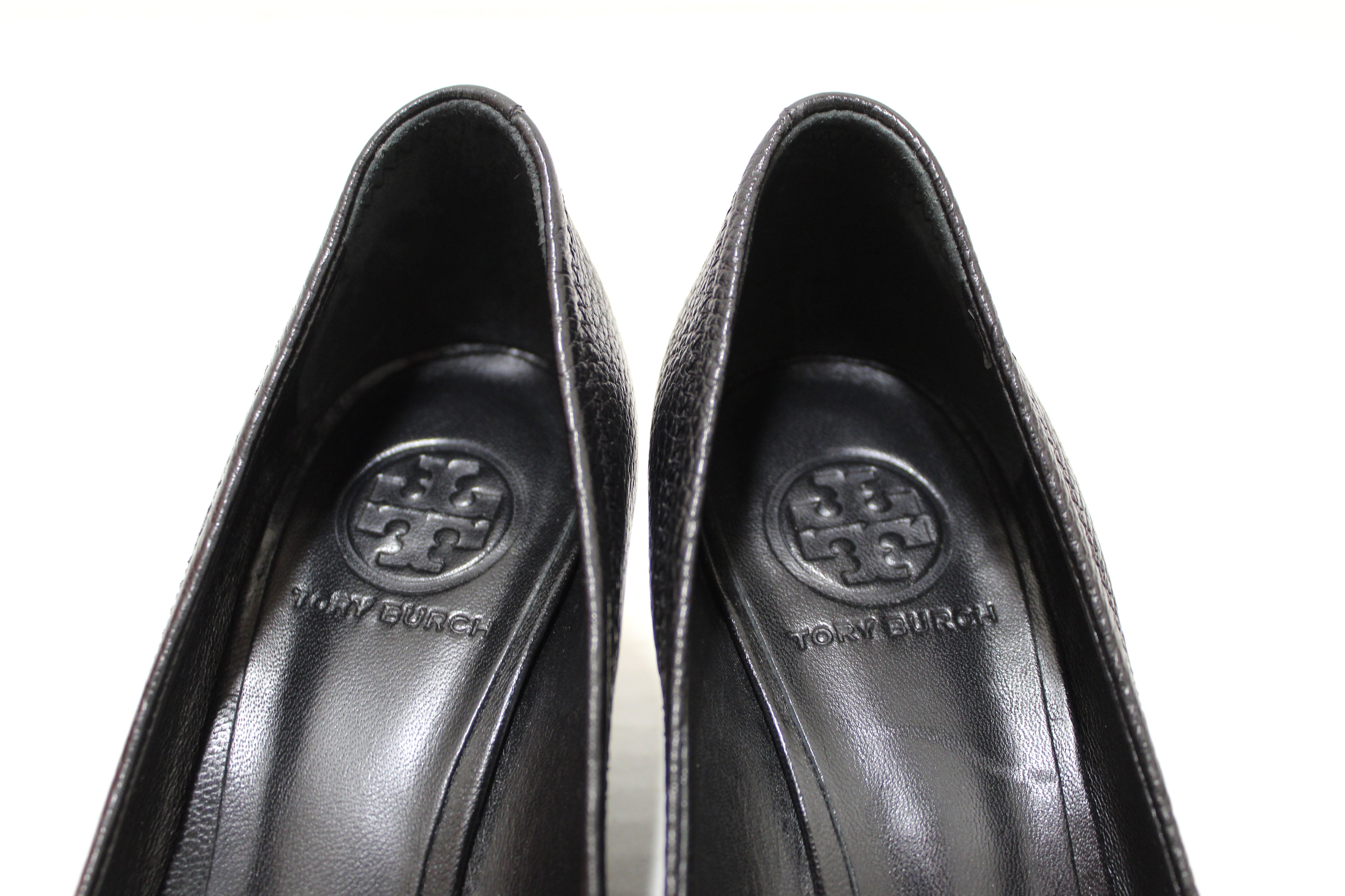 Authentic Tory Burch Sally 2 Black Leather Peep Toe Wedge Heel size 7.5
