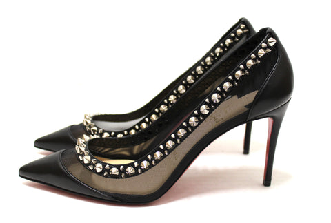 Authentic Christian Louboutin Black Galativi Spikes Pointed Toe Stiletto Heel size 37