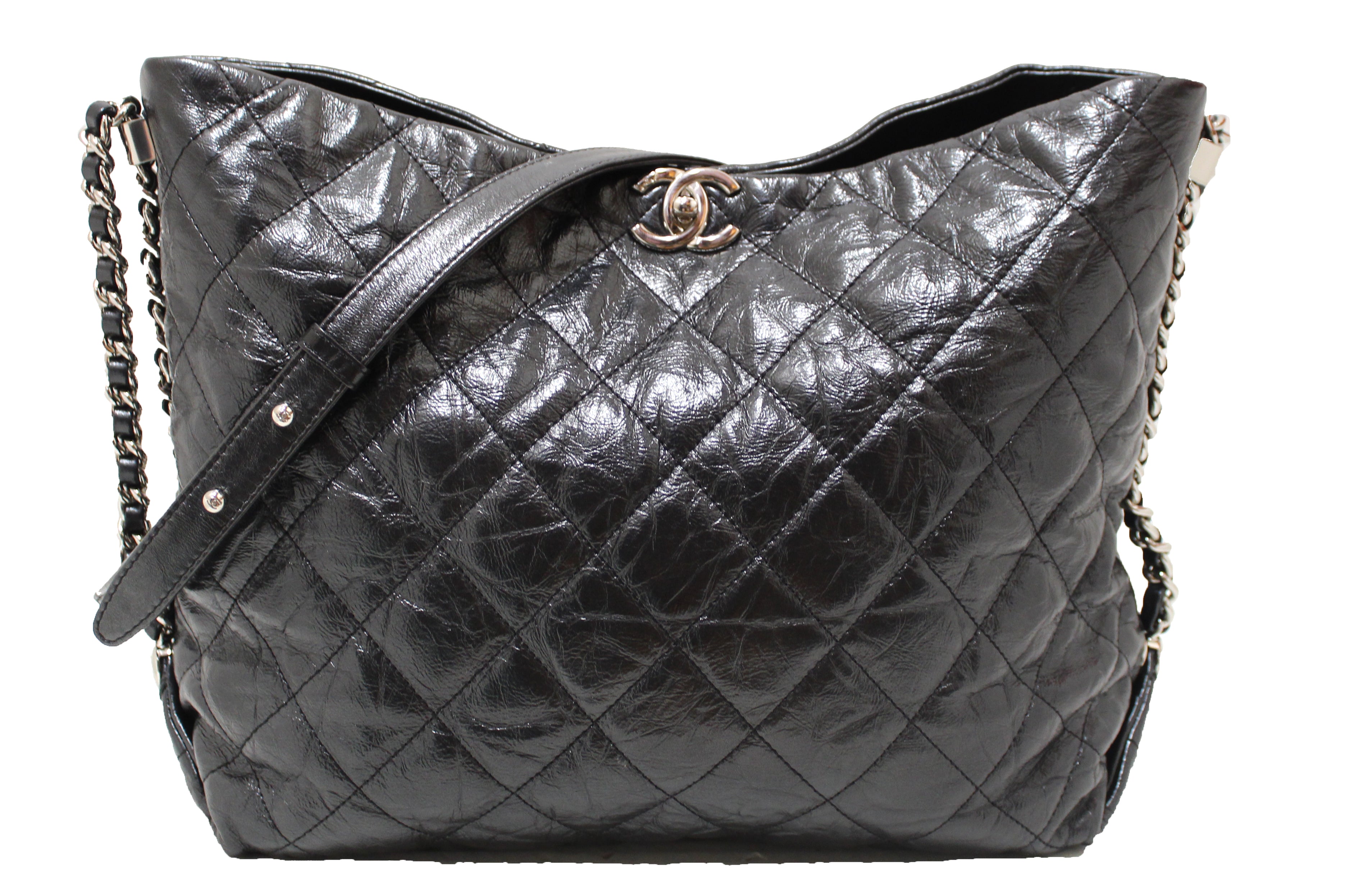 Authentic Chanel Grey Metallic Lambskin Quilted Leather Hobo Shoulder Bag