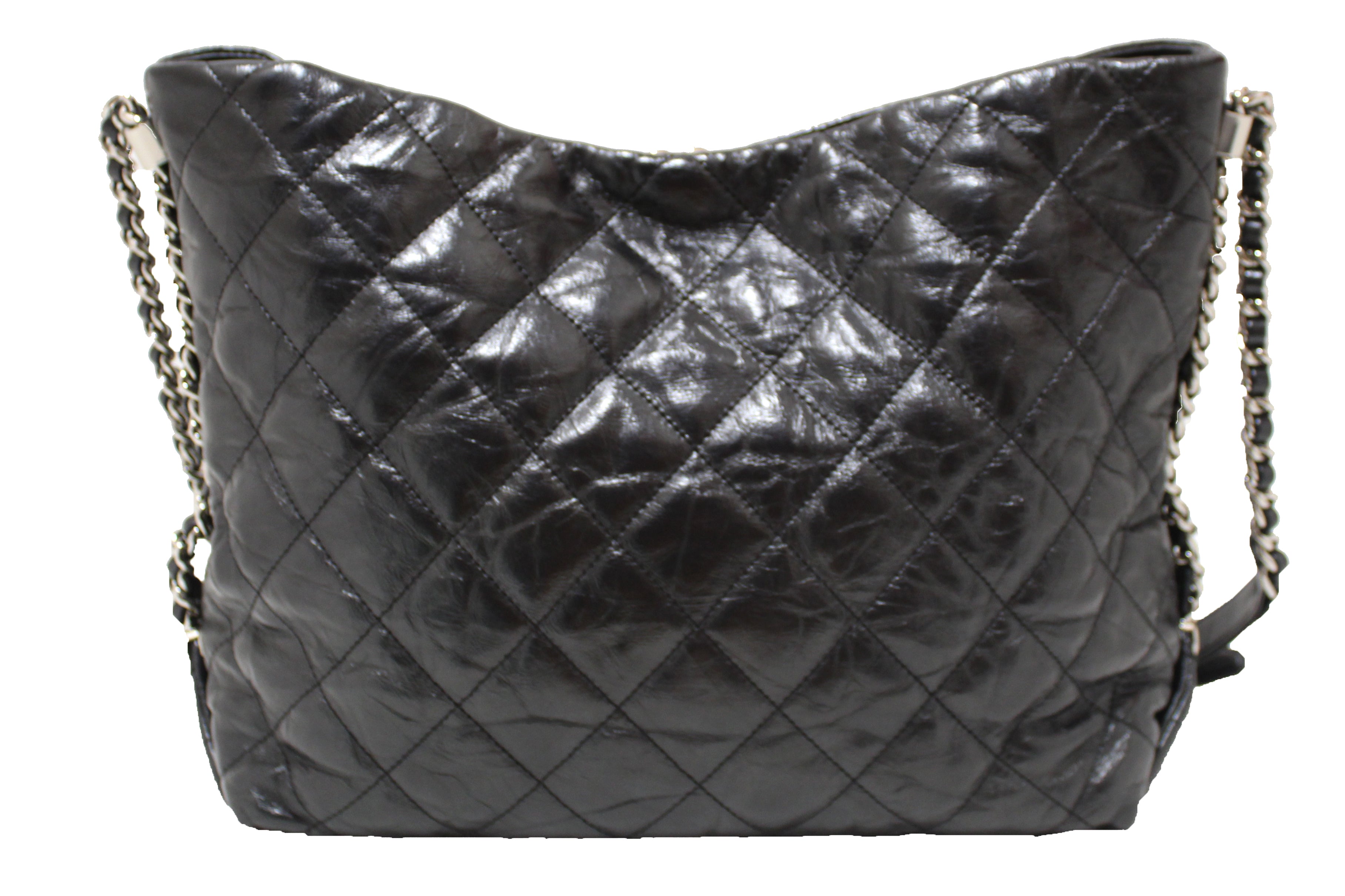 Authentic Chanel Grey Metallic Lambskin Quilted Leather Hobo Shoulder Bag
