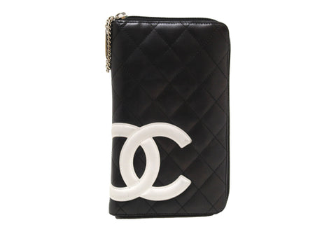 Authentic Chanel Black Calfskin Quilted Leather Cambon Zip Around Organizer Wallet