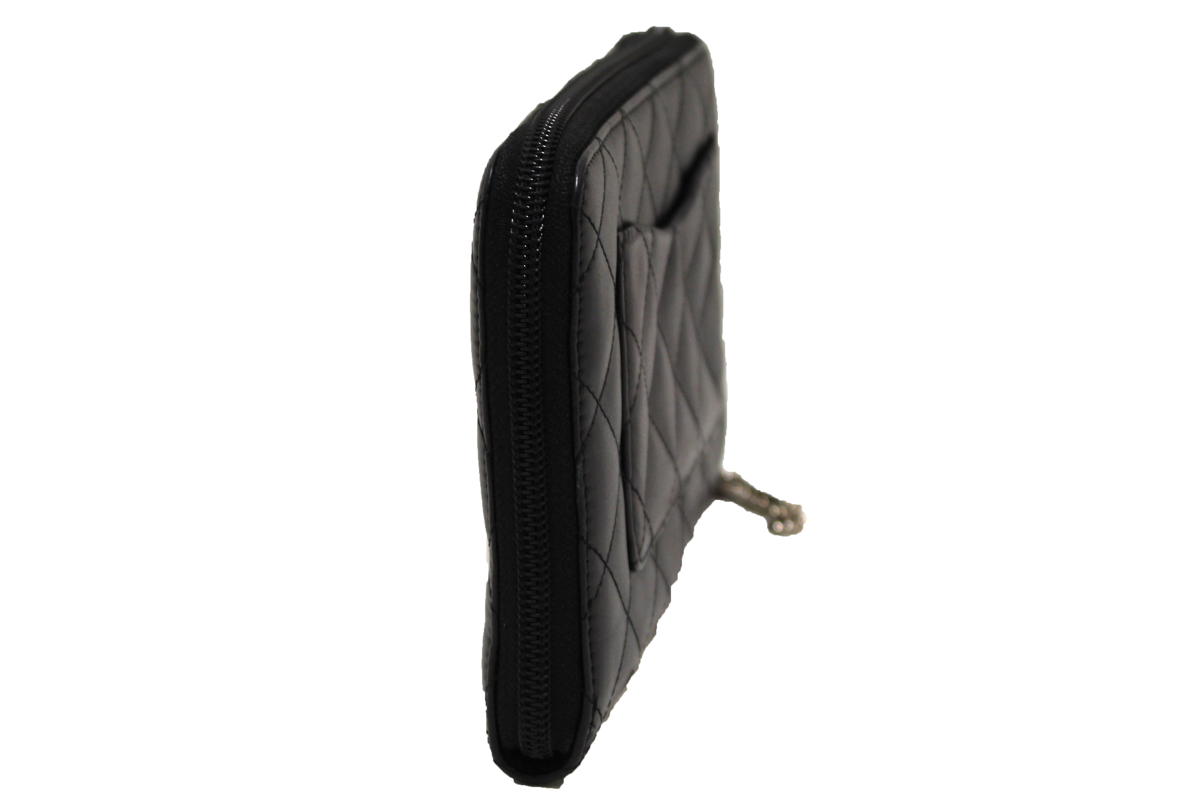 Authentic Chanel Black Calfskin Quilted Leather Cambon Zip Around Organizer Wallet