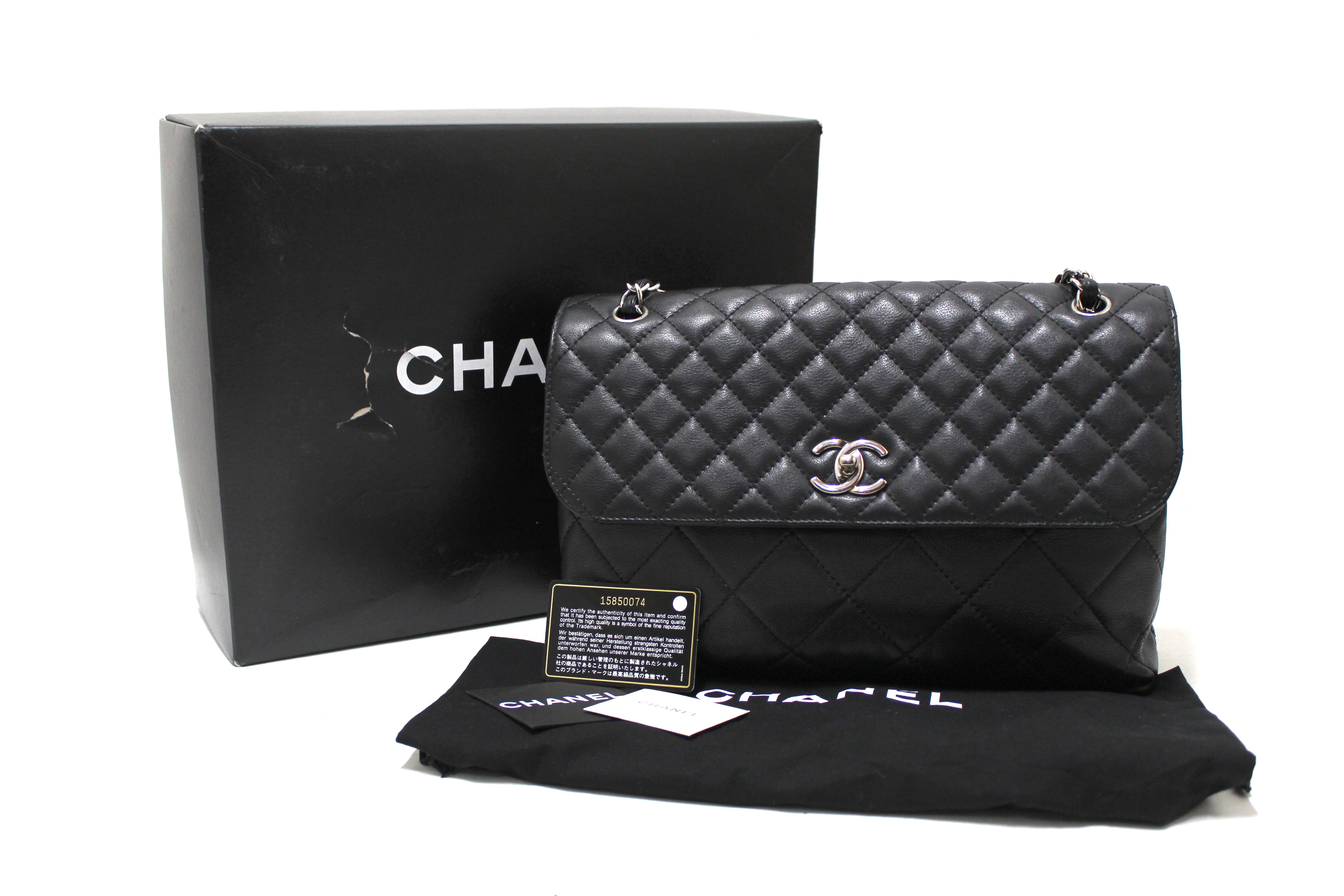 Authentic Chanel Classic Black Single Flap Calfskin leather "In the Business" Maxi Shoulder Chain Bag