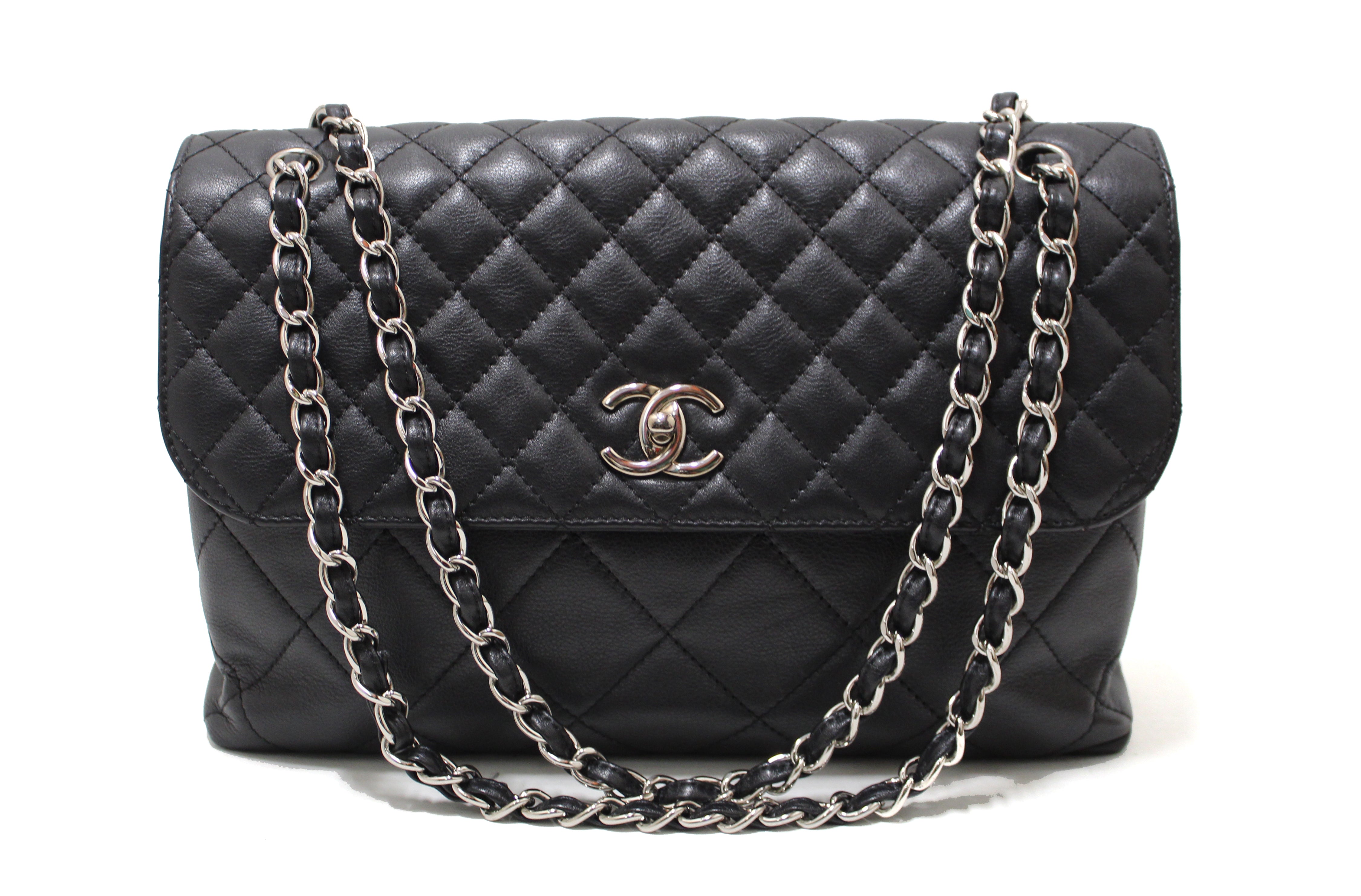 Authentic Chanel Classic Black Single Flap Calfskin leather "In the Business" Maxi Shoulder Chain Bag