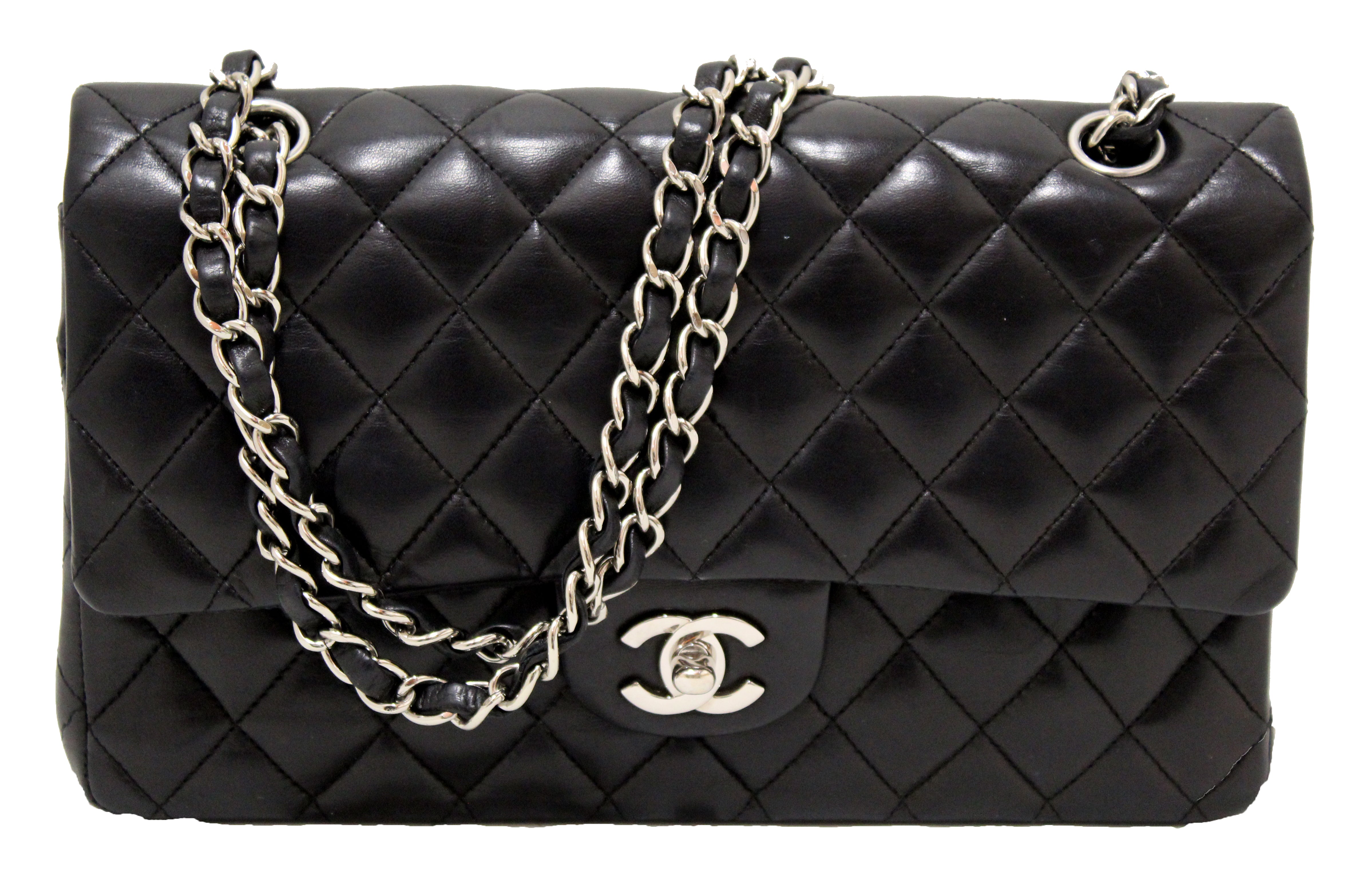 Authentic Chanel Black Quilted Lambskin Leather Classic Medium Double Flap Bag