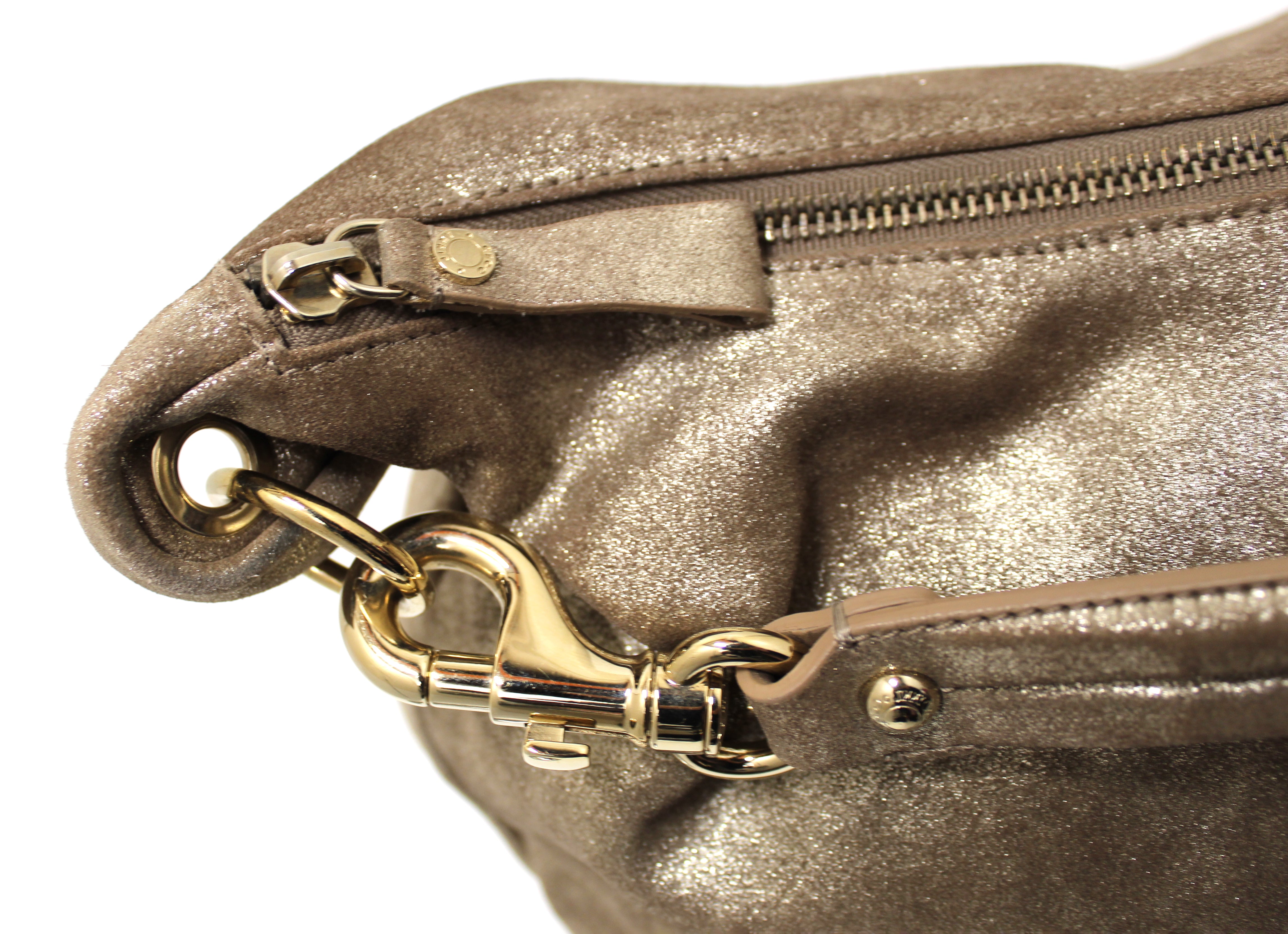Authentic Jimmy Choo Metallic Gold Shimmer Suede Large Solar Hobo Shoulder Bag