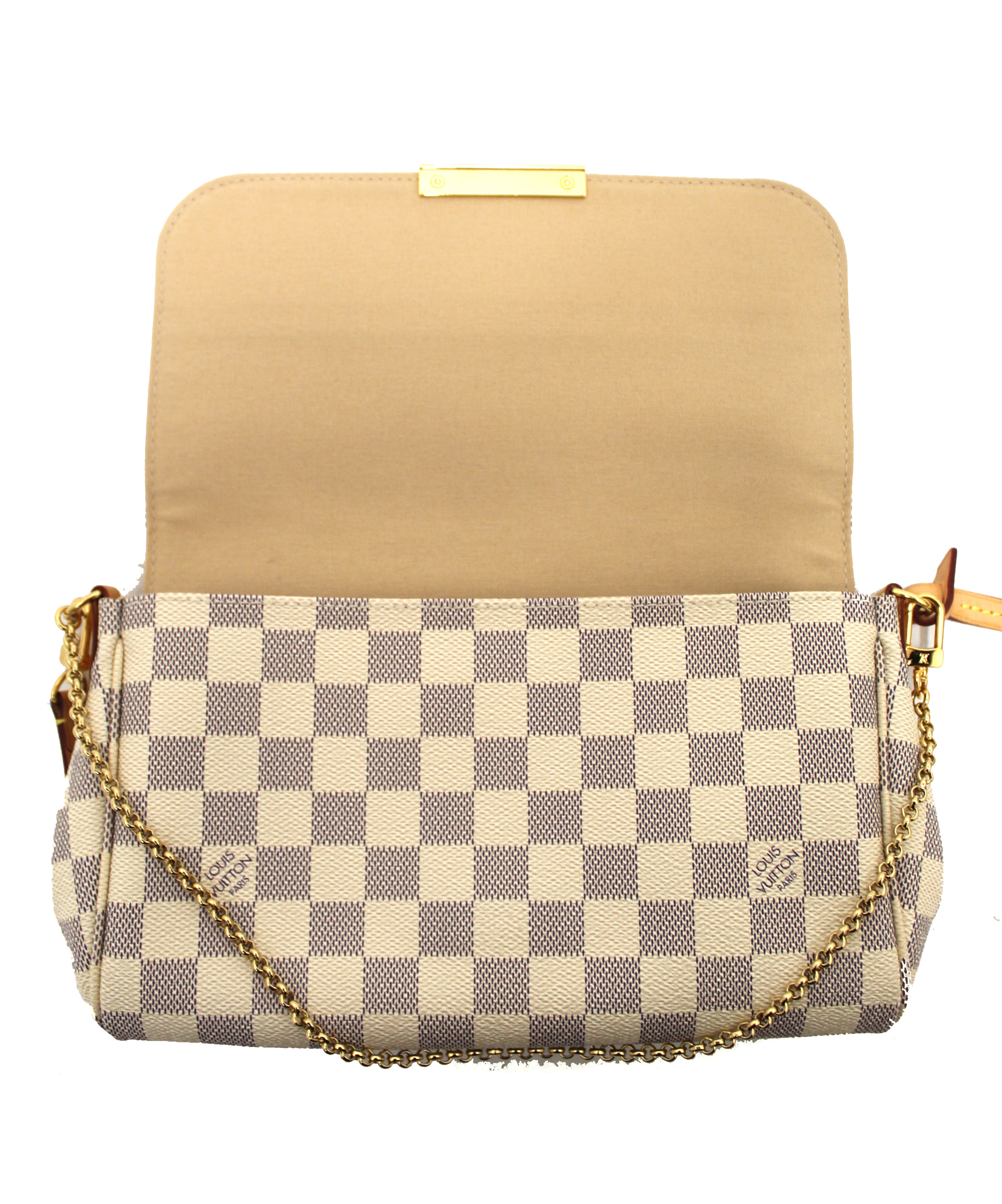 Authentic Louis Vuitton Damier Azur Canvas Favorite MM Messenger Chain Bag
